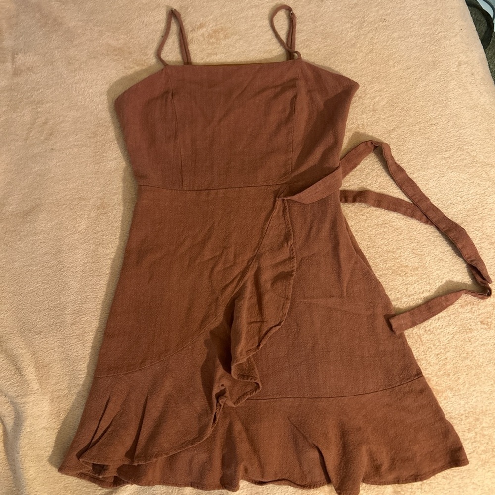 Altar’d state. Rust Brown Spaghetti Strap Ruffle Mini Dress